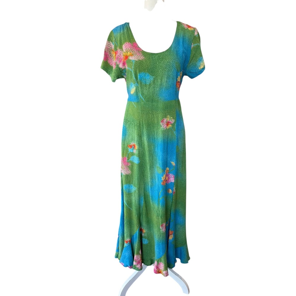 Jams World Green Blue Floral Rayon Maxi Dress Short Sleeve‎ Waist Tie Large